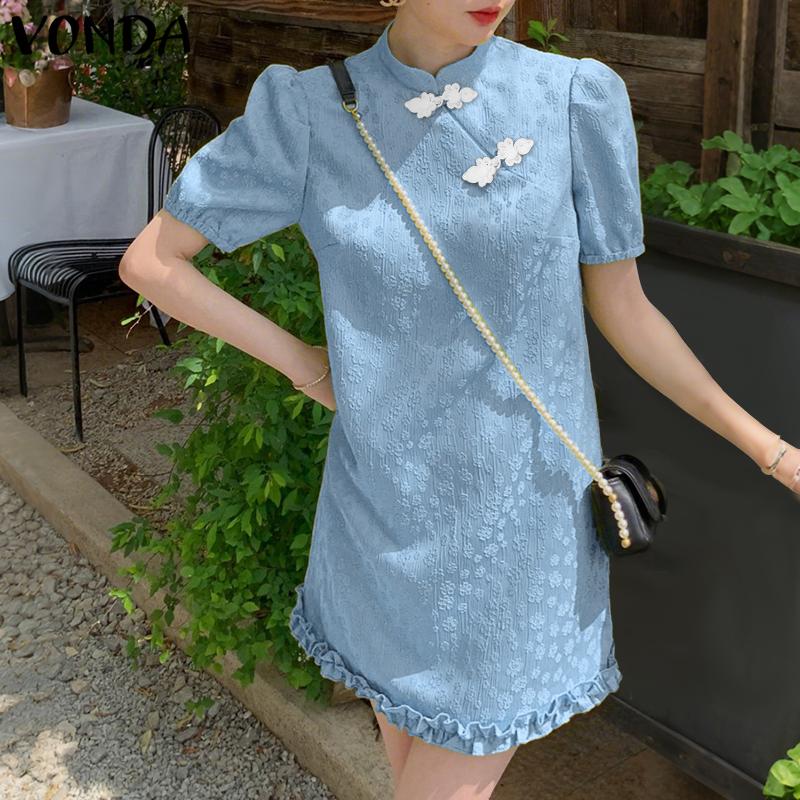 

VONDA Women Short Sleeve Flowers Texture Retro Style Casual Vintage Ruffled Dress M зелений