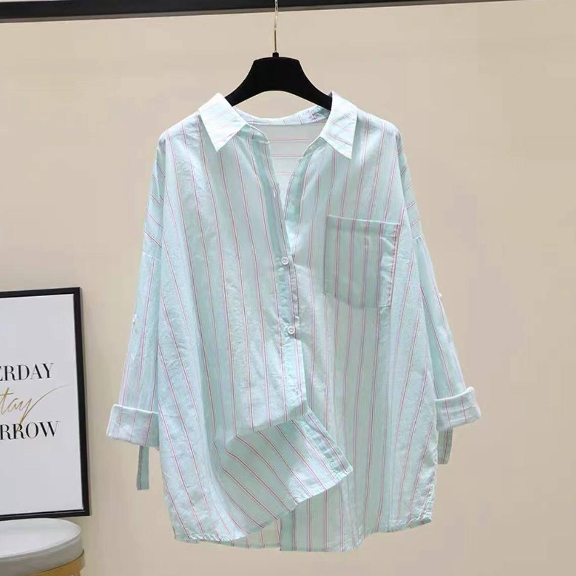 Korean Style Striped Loose Long Sleeve Lapel Shirt Jacket for Women - Spring/Autumn 2026 3XL