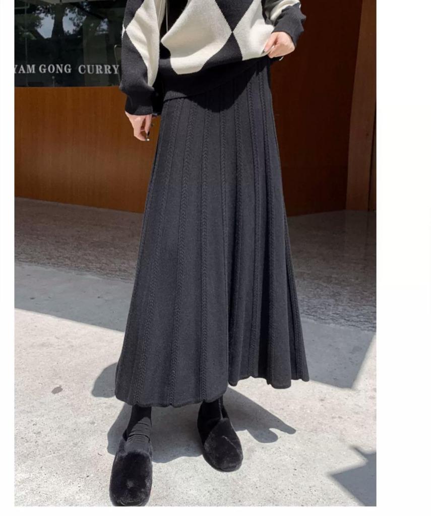 Women's Black High-Waist A-Line Woolen Skirt - Ribbed, Thickened, Autumn/Winter Casual Skirt