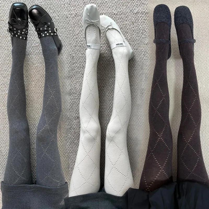 Autumn Winter Jacquard Knitted Striped Tights For Women Vintage Thermal Light Slimming Simple Pantyhose Underwear Leggings