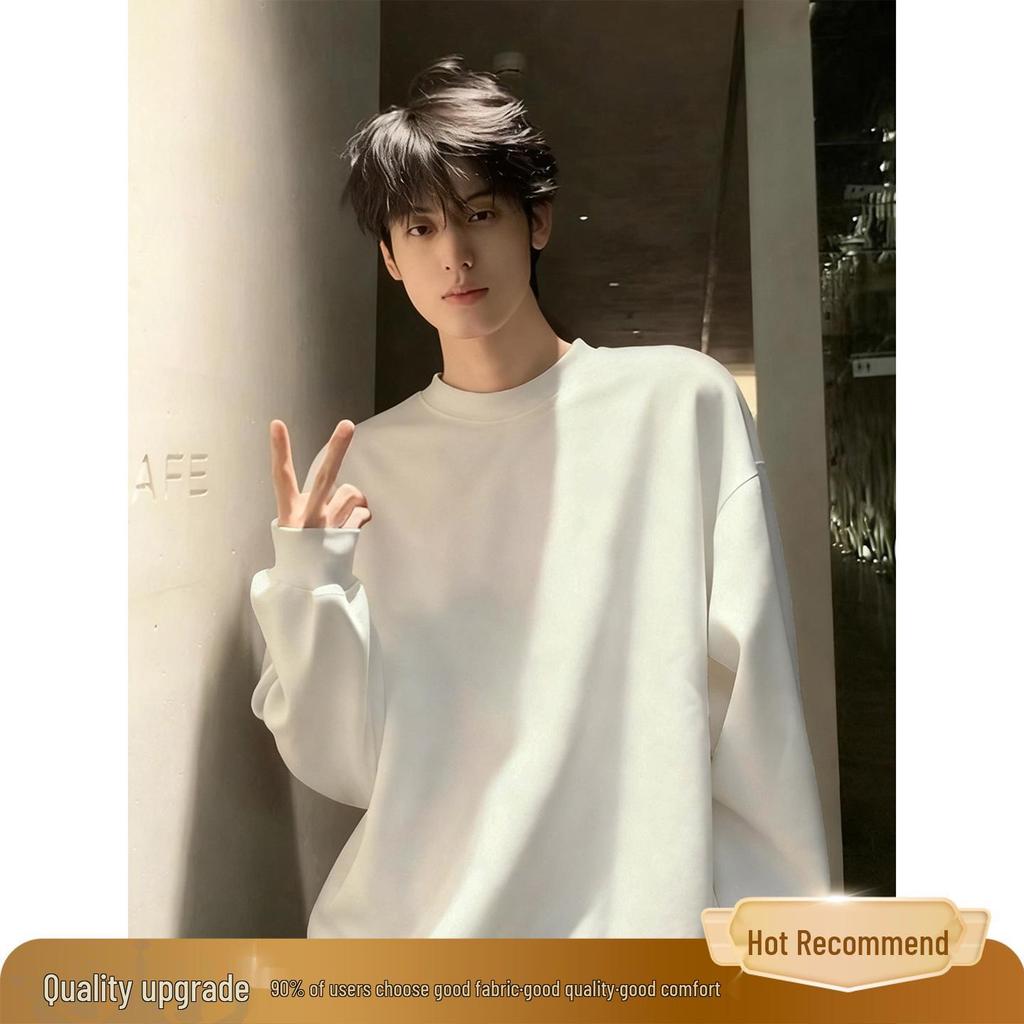 Men's Heavyweight White-Gray Fleece Hoodie: Autumn/Winter Loose Fit, Round Neck Long-Sleeve Pullover