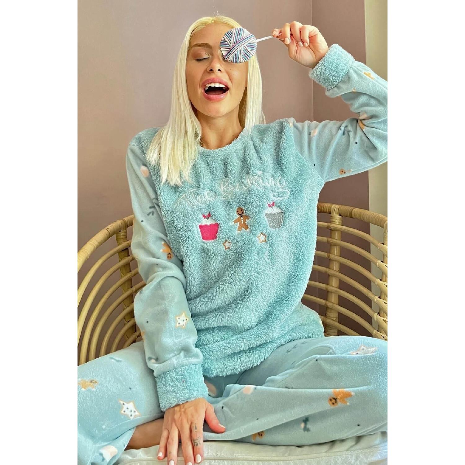 

Mint Green Baking Patterned Women s Plush Pajama Set S зелений