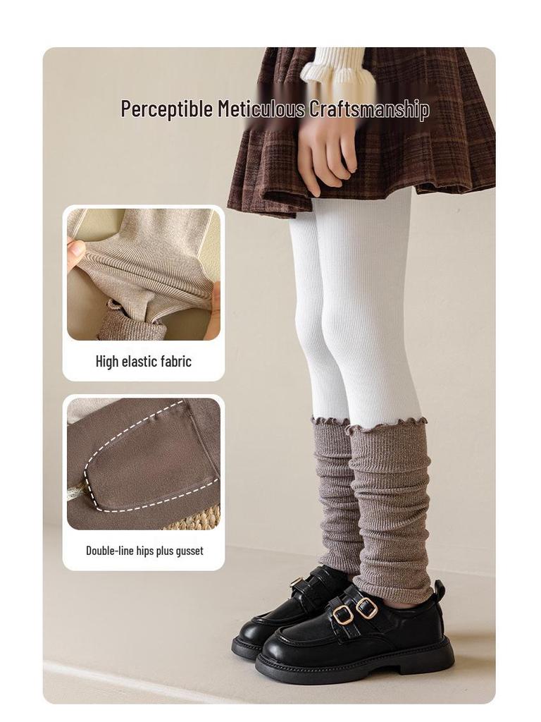 Children's Golden Brown Two-Piece Scrunched Socks & Warm Leggings Set for Autumn/Winter