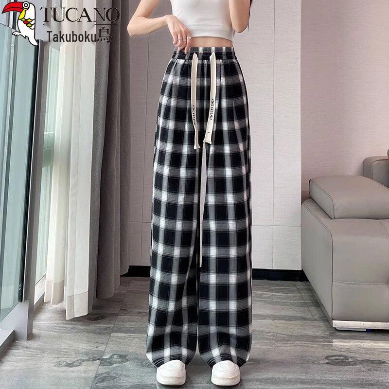 Woodpecker Women s Summer Plaid High-Waist Wide-Leg Pants L