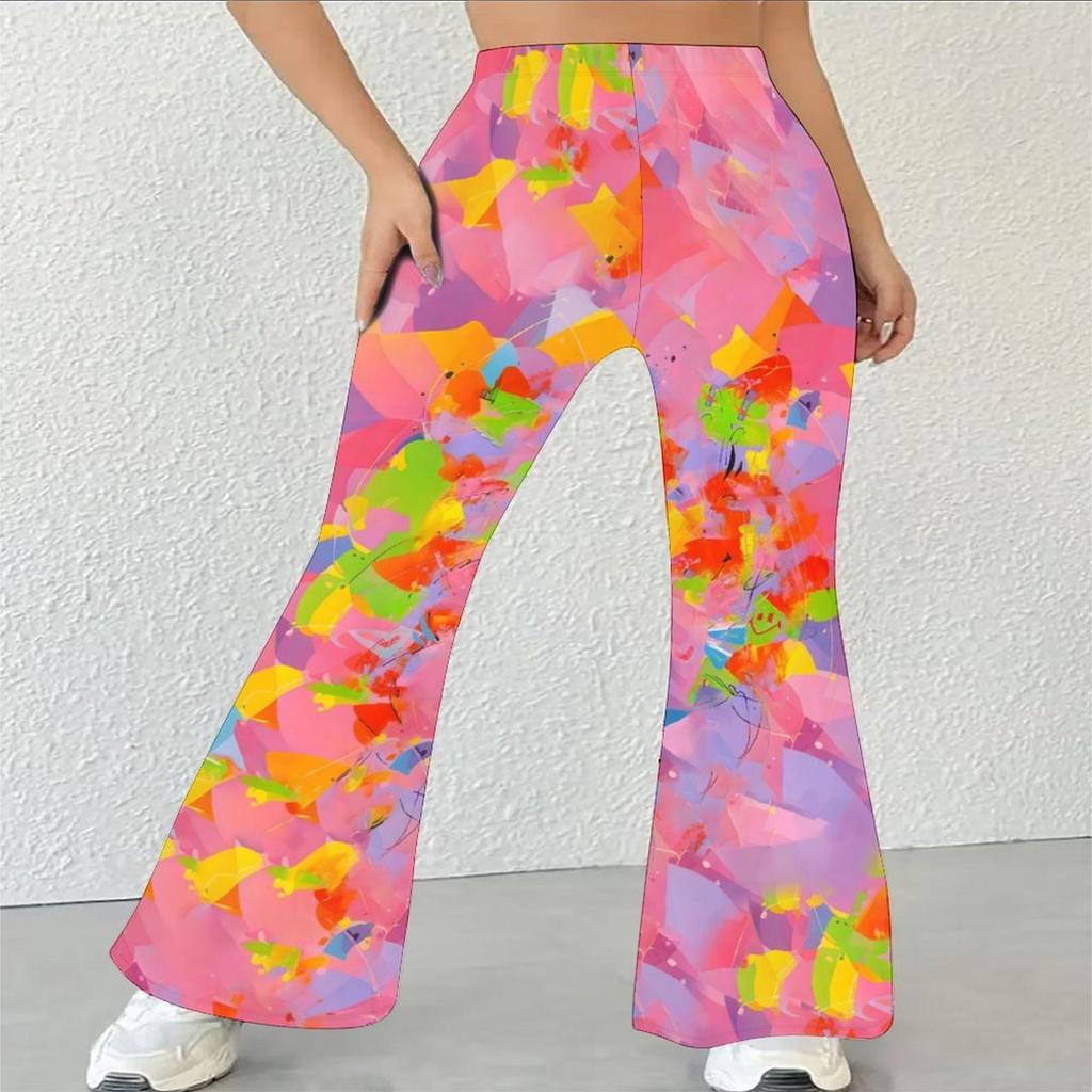 Kadın Günlük Yüksek Bel İspanyol Paça Pantolon, Geometrik Desenli Sokak Giyimi Çan Paça Pantolon