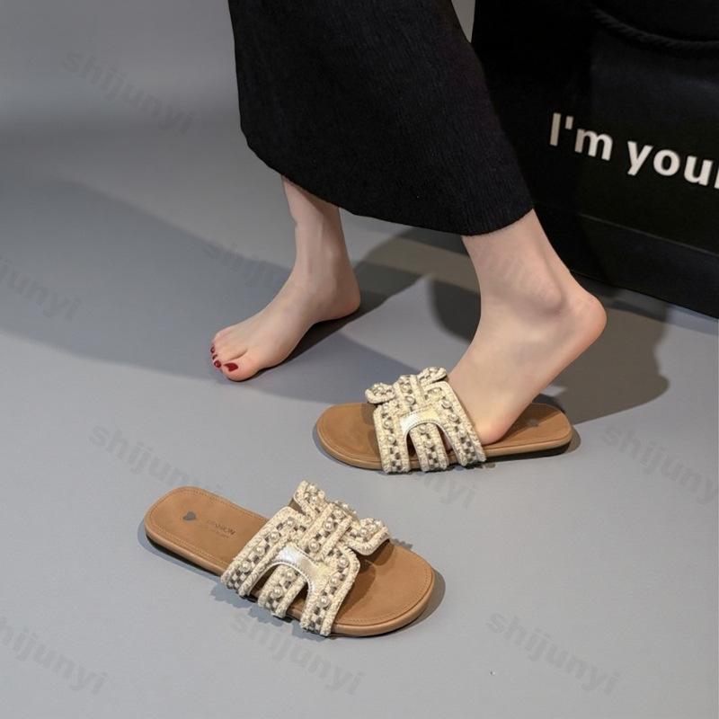 Ciabatte Estive da Donna 2026 Eleganti Ciabatte Piatte Fondo Morbido Sandali da Spiaggia Esterni con Perle Ciabatte Casual alla Moda Zapatos Mujer