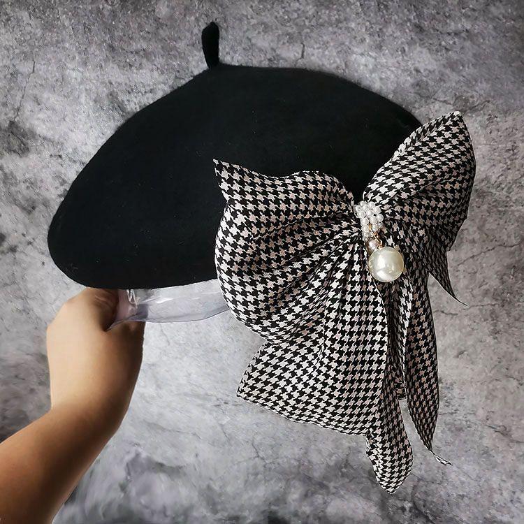 Spring and Autumn New Thousand Birds Plaid Bow Wool Beret Femininity Ribbon Pumpkin Hat Woolen Painter Hat