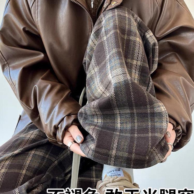 145 Small Wide-Leg Plaid Pants for Women - Coffee Color, High Waist, Woolen Drape, Plus Velvet, Straight Leg, Extra Long, for Autumn/Winter.