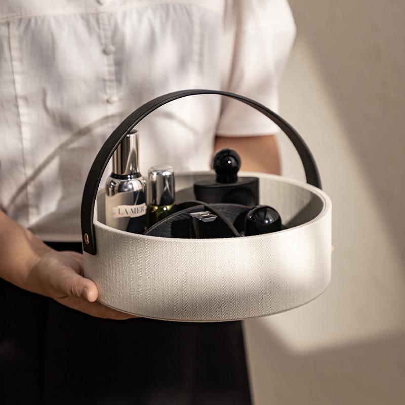 Luxurious Leather Handheld Storage Box, Vintage Mezzanine Partition Cosmetics Jewelry Storage Basket, Desktop Organizer Box