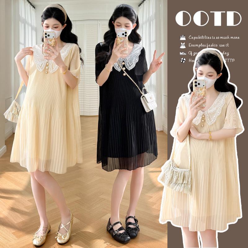 Summer Maternity Dress with Sweet Doll Collar, Loose Fit, Textured, Plus Size, Short Sleeve M