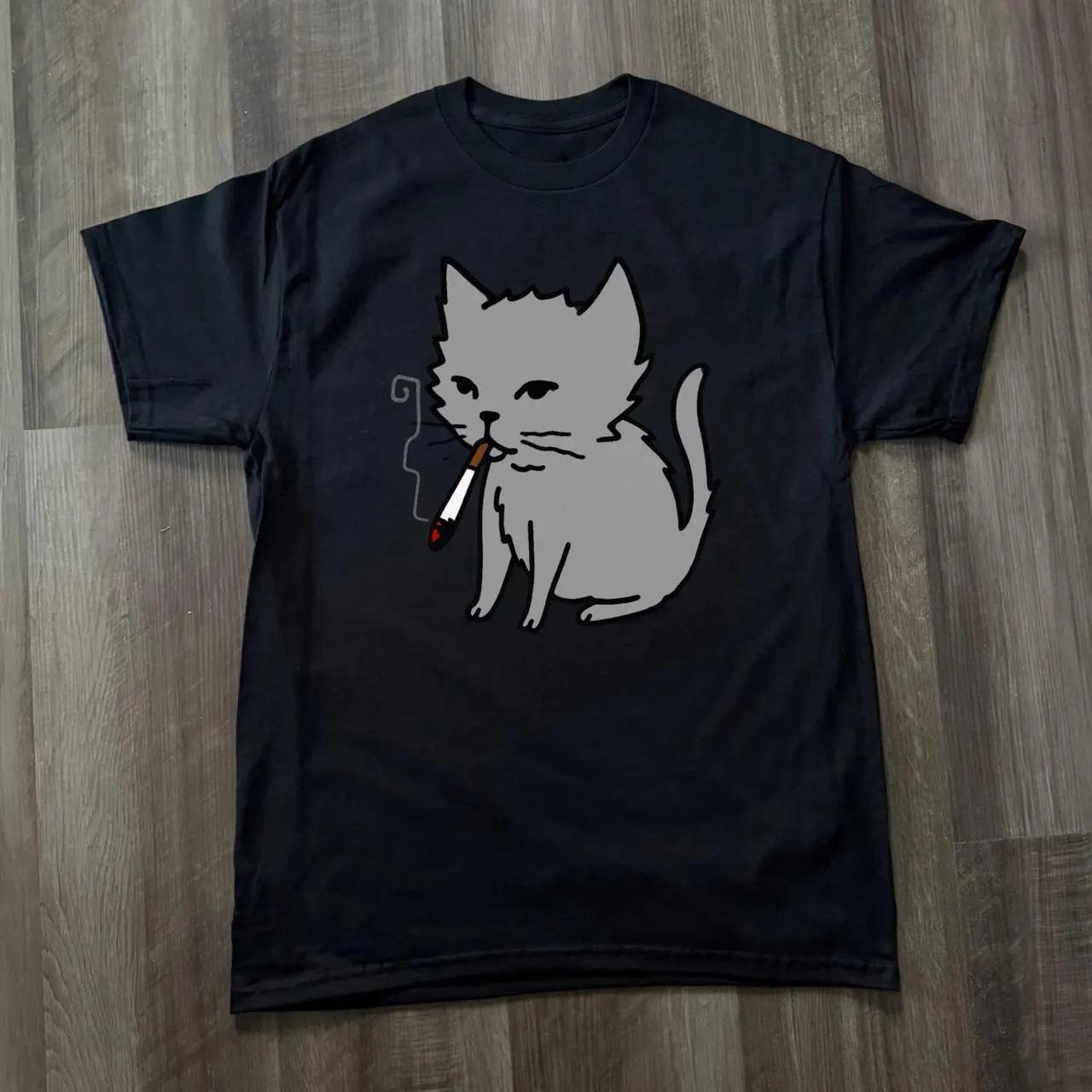 Футболка с курящим котом Смешная футболка с кошкой Кошачья футболка Графическая футболка с котом Милый мультяшный кот Футболка с мемом с котом Унисекс Уличная одежда M