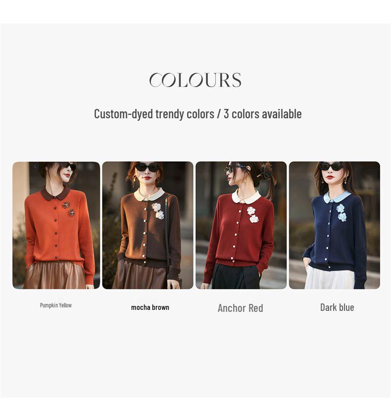 Women's Dark Blue Floral Knit Sweater - Lapel Long Sleeve, Two-Piece Look, Autumn/Winter Style