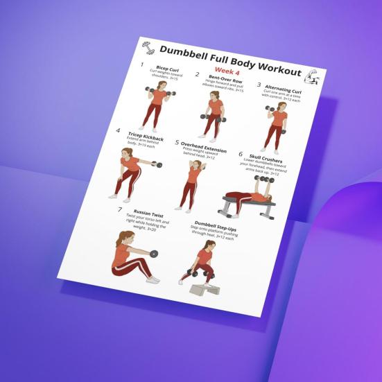 4ks Celotělový tréninkový plán s jednoručkami 4týdenní progresivní tréninkový průvodce Krok za krokem ilustrace cviků pro spalování tuků nabírání svalové hmoty použití v domácí posilovně