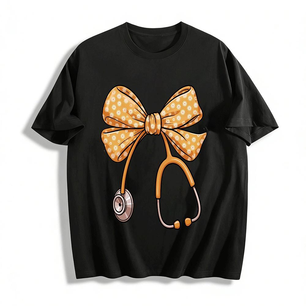 Floral Bow Stethoscope Print Medical Theme Casual Top Pure cotton T-shirt XXS
