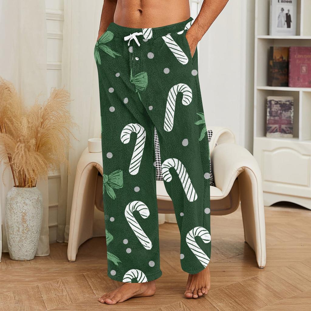 Pantalones de Pijama de Felpa con Estampado Navideño Casual para Hombre Ropa de Dormir para las Fiestas