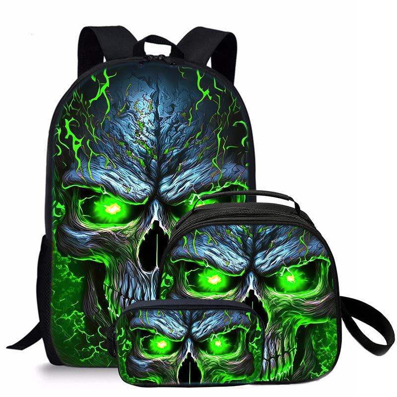 Schädel Dreiteiliges Set Rucksäcke Für Jungen Und Mädchen Beste Geschenke 2D Flacher Cartoon Schulrucksack Für Kinder