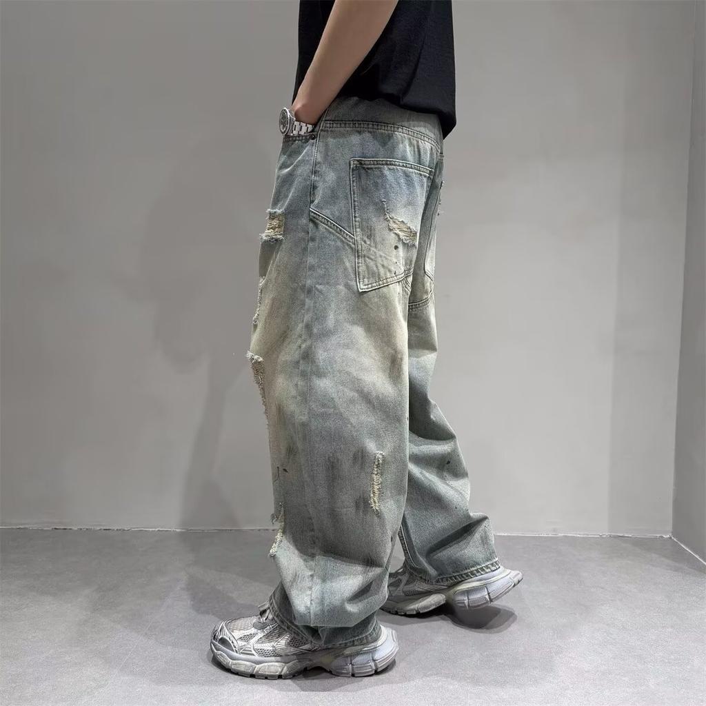 American High Street Vibe Casual Ripped Jeans Men's Summer Thin Loose Straight Wide Legs Trendy Brand Ruffian Handsome