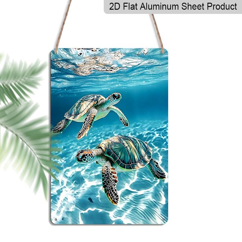 2D Flat, Underwater Sea Turtle Duo Metal Sign - Durable Aluminum Ocean Themed Wall Decor, Beach House Living Room, Coastal Kitchen Wall, Nautical