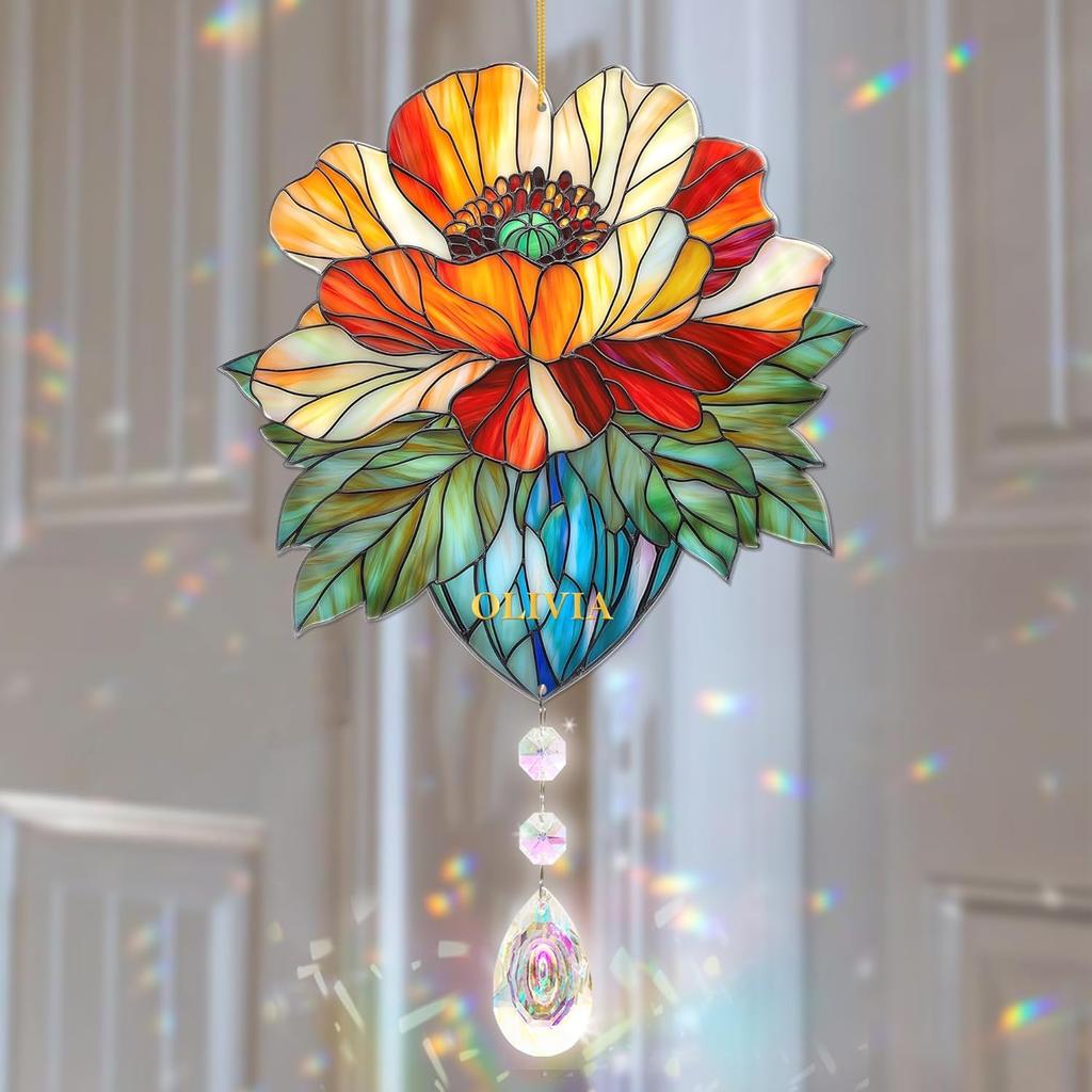 Rose Suncatcher - Birth Flower Gifts for Women, Birth Flower with Name Suncatcher Ornament with Crystal, for Mom, Grandma