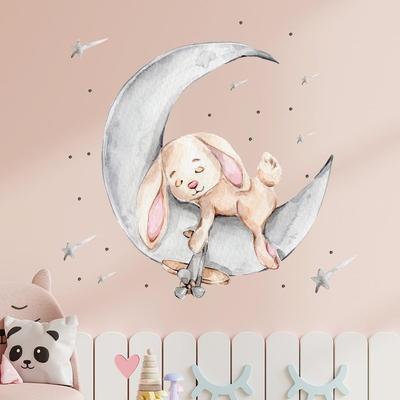 Autocollants muraux de dessin animé lapin dormant sur la lune et les étoiles, pour chambre d'enfants, décoration de chambre de bébé, sparadrap muraux d'intérieur de chambre
