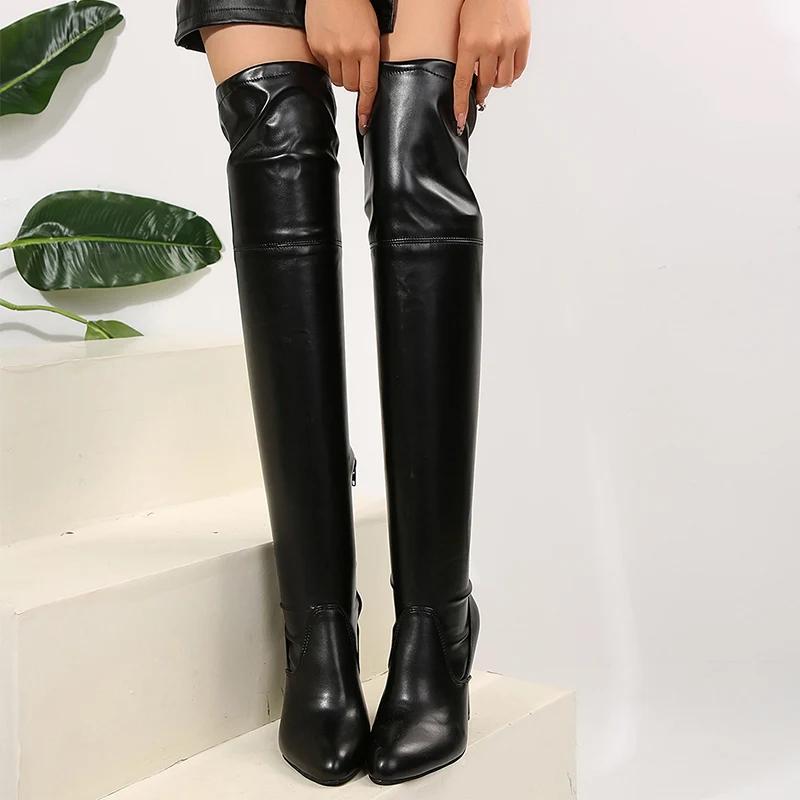 2025 New Large Size 44 Pu Leather Fashion Boots Women's Sexy Point Toe Thigh High Boots Autumn Winter Black Over The Knee Boots