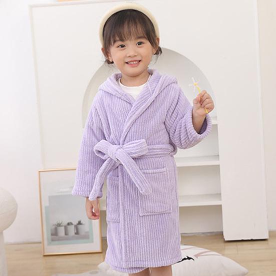 Kids Hooded Bathrobe Belted Pocket Thick Soft Quick Water Absorbent Solid Color Boys Girls Toddlers Robe Pajamas Sleepwear