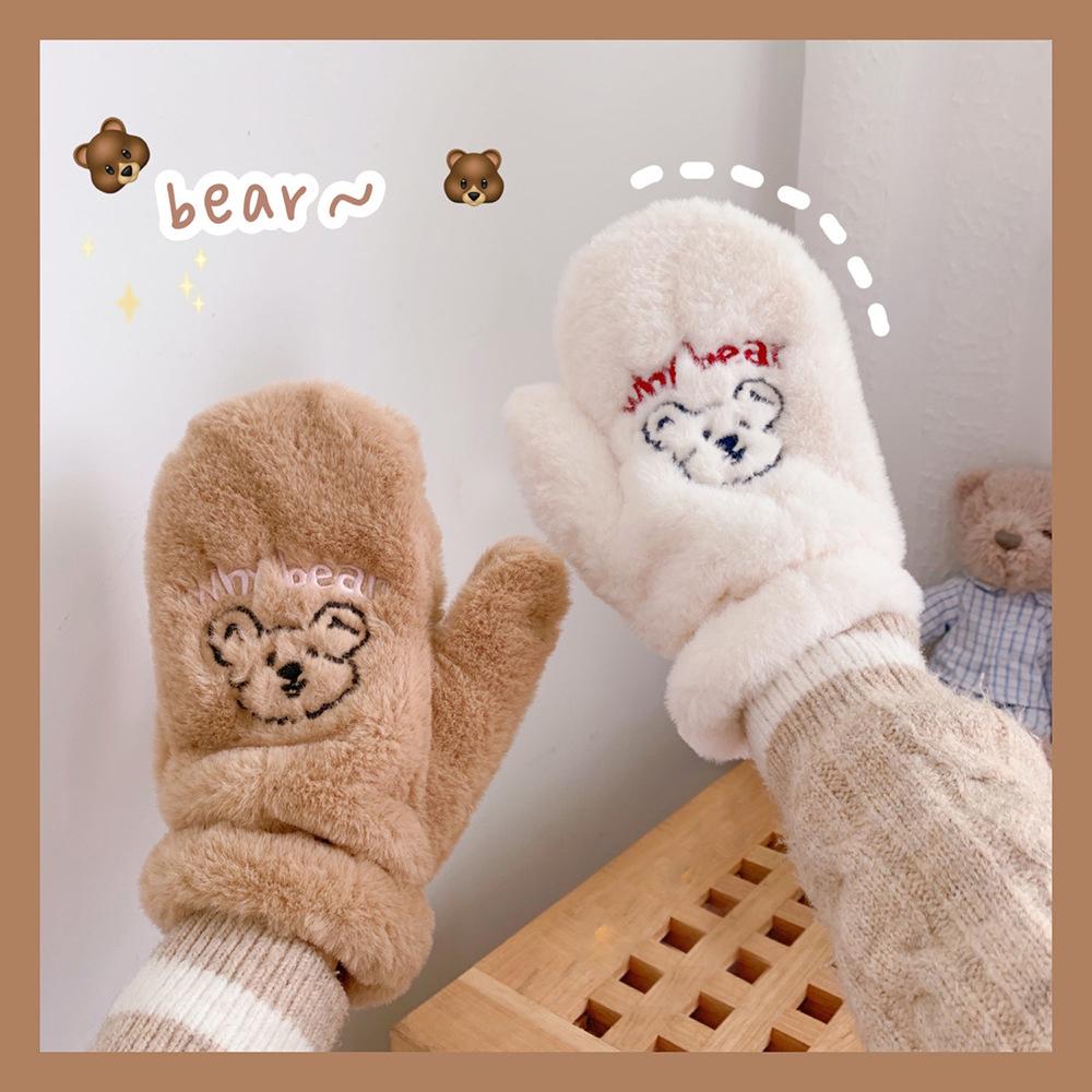 Winter Sweet Thicken Girls Women Warm Mittens Bear Gloves Plush Gloves Full Finger