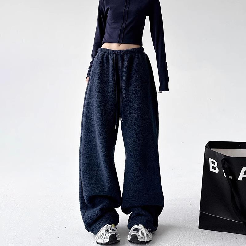 Simple Women's Thickened Pants Elastic Waist Polar Fleece Drawstring Straight Bottom Wide Leg Female Trousers Autumn Winter