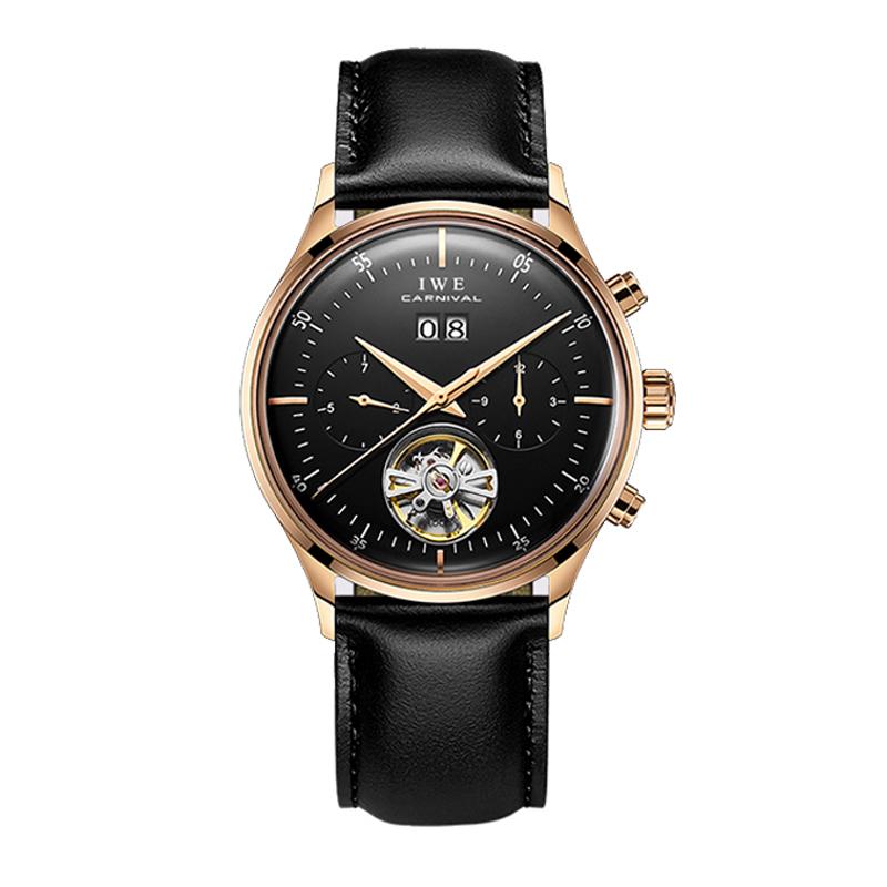 New CARNIVAL Grey Dial Luxury Tourbillon Watch For Men Mechanical Travel Time Wrist Watch Men Leather Waterproof