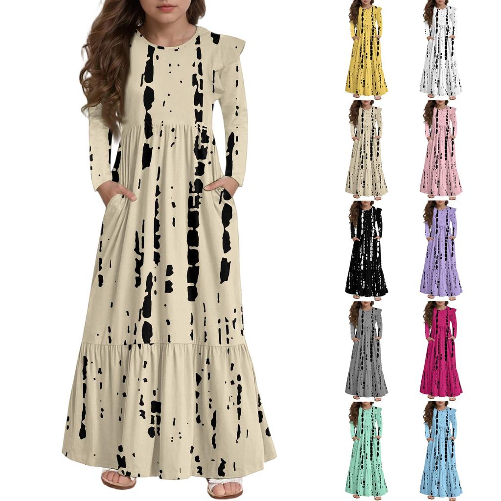 Dívčí vrstvené volánové šaty - Maxi s dlouhým rukávem a potiskem s kapsami