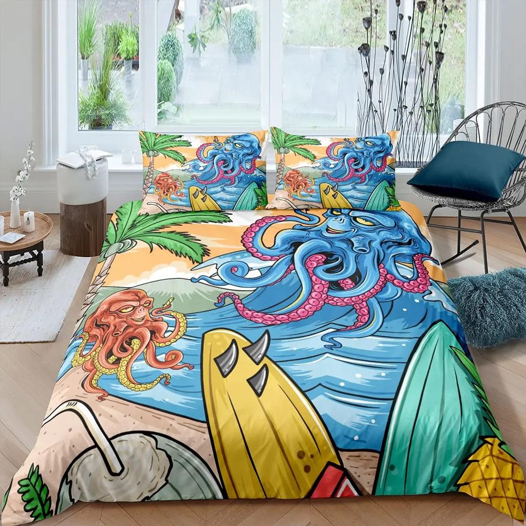 Surf Duvet Cover Set Retro Posters Group Summer Vacation Theme Water Sports California Beach Surfboard Wood Board Bedding Sets