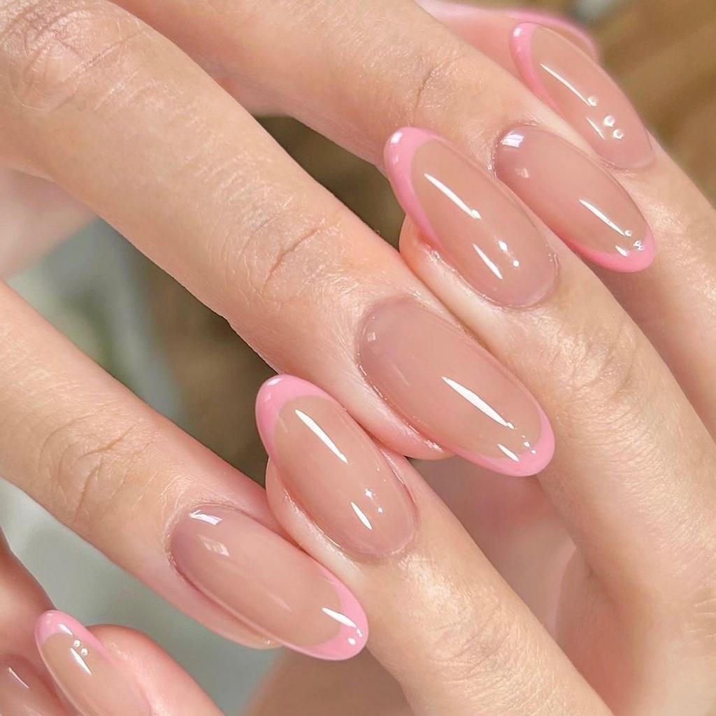 24Pcs Long Almond Fake Nails with White Edge Design Wearable French Press On False Nails Simple Full Cover Nail Tips Manicure