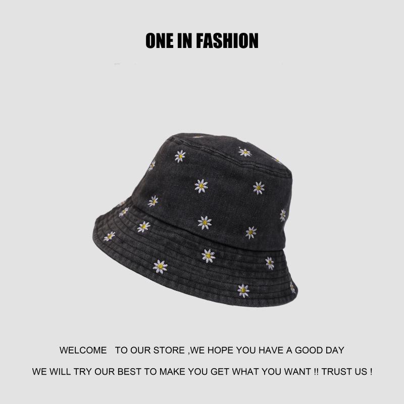 Small Chrysanthemum Embroidered Denim Four Seasons Can Wear Smiley Face Small Face Bucket Hat Women's Sunscreen Sun Hat