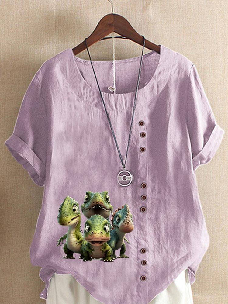 Women's Fashion Dinosaur Print Round Neck Short Sleeve T-shirt Casual Cotton Linen Graphic Shirt Leisure Loose Summer Blouse Tops