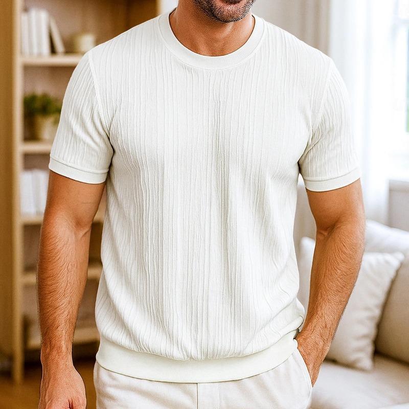 Camiseta Masculina Europeia Americana de Manga Curta Suéter Jacquard Gola Redonda Pulôver Canelado