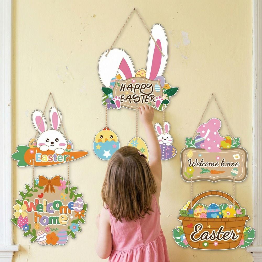 Cartoon Easter Welcome Sign Paper Bunny Egg Decor Easter Hanging Ornament  Party Decoration