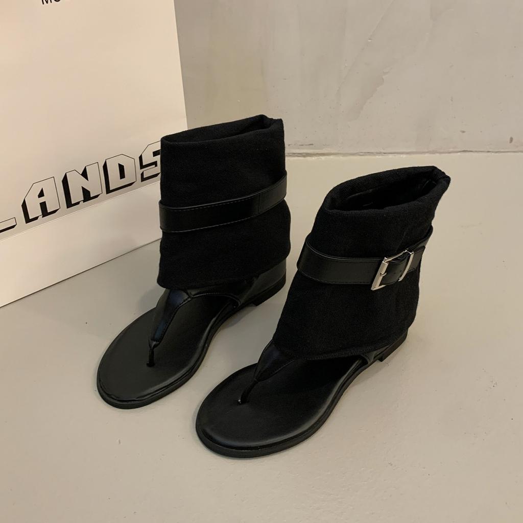 2025 summer new cool boots women's pants tube short boots heel toe belt buckle slope holiday wind pinch foot Roman sandals women
