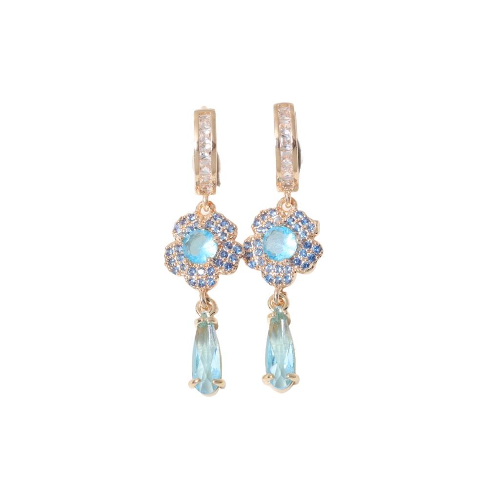 Luxury Flowers with Water Droplets Zirconia Dangle Earrings for Women Golden Earring Jewelry Party Accessories