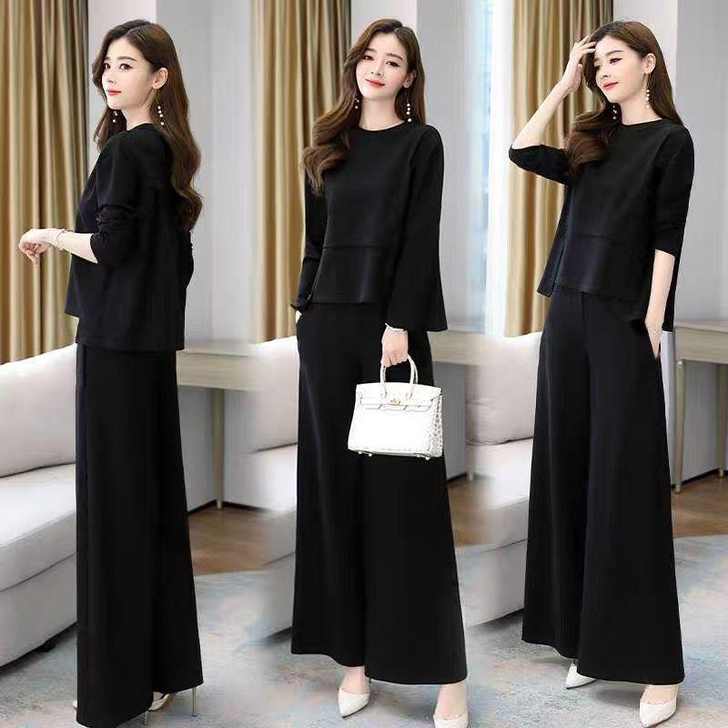 New Spring Clothing Fashionable And Casual Women Clothes Slimming Autumn Two-Piece Set Tshirt +Wide-Leg Pants