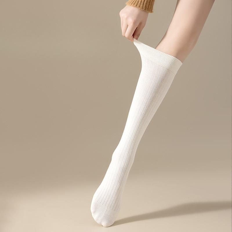 Calf Socks for Girls, Spring and Autumn Solid Color Striped Cotton Socks, Pile Socks, High Socks, Anti-slip and Slimming Student Long Socks