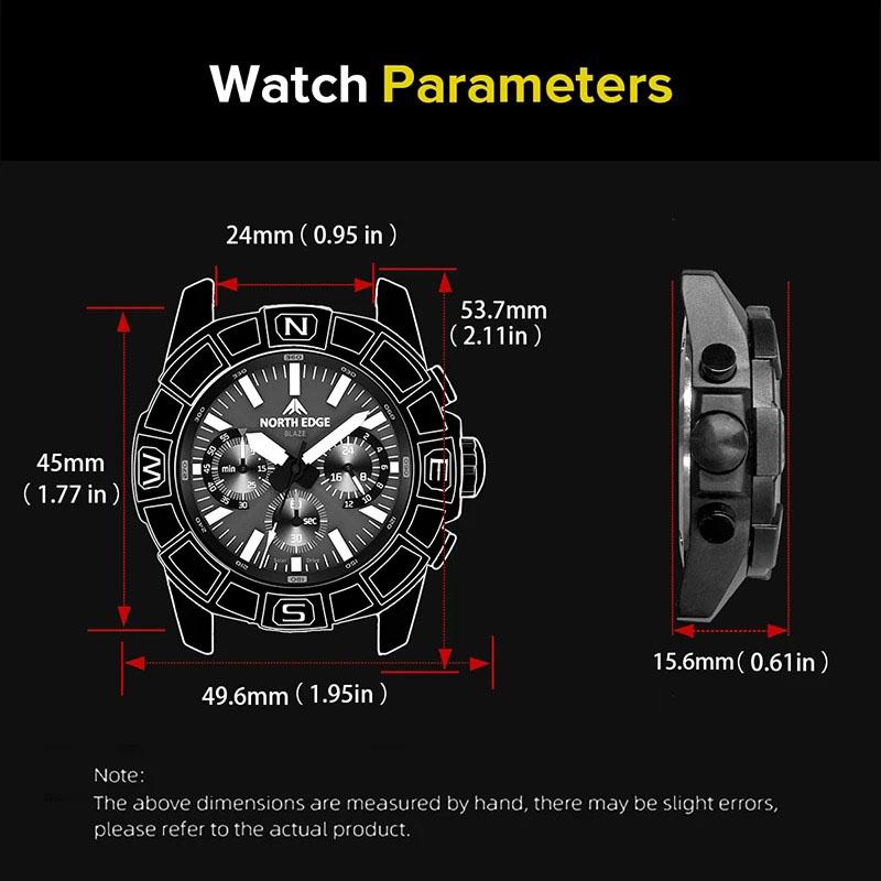 NORTH EDGE BLAZE Men's Watches Solar Power 316 stainless steel Case Quartz Watch For Men Pilot Sports Waterproof 50M Stopwatch