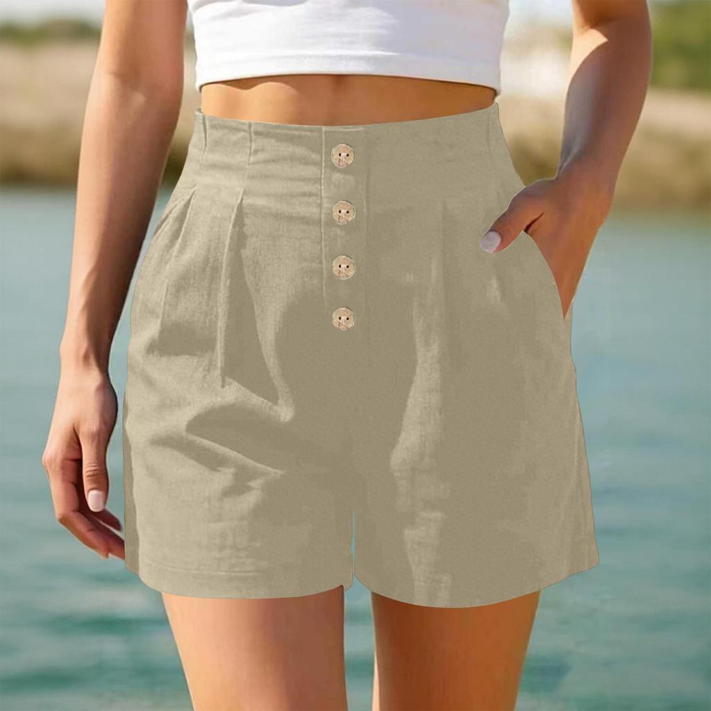 Women High Waist Casual Shorts Button Front Loose Fit Summer Beach Shorts with Pockets for Daily Wear and Relaxed Outings