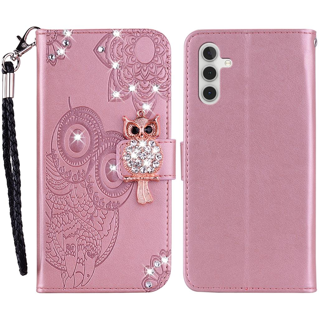 For Samsung Galaxy A34 5G Rhinestone PU Leather Stand Wallet Phone Case Imprinted Owl Flower Phone Cover