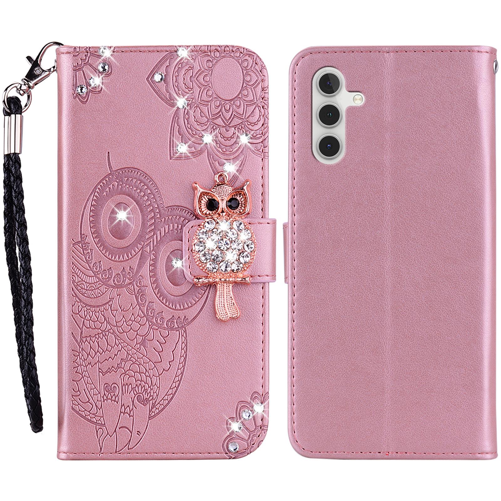 

For Samsung Galaxy A54 5G Rhinestone Phone Cover Imprinted Owl Flower Leather Case with Stand Wallet Rose Gold