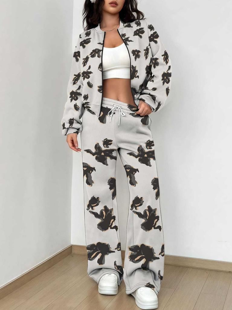 Casual Fashion Autumn and Winter New European and American Women's Clothing Color Flower Printing Suit Women
