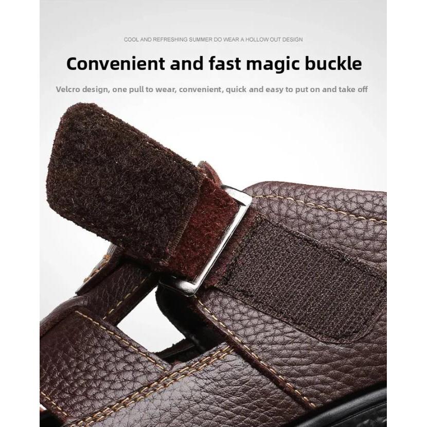 Men's Leather Sandals Breathable Summer Casual Shoes Soft Bottom Anti-Slip Hollow Out Dad Shoes