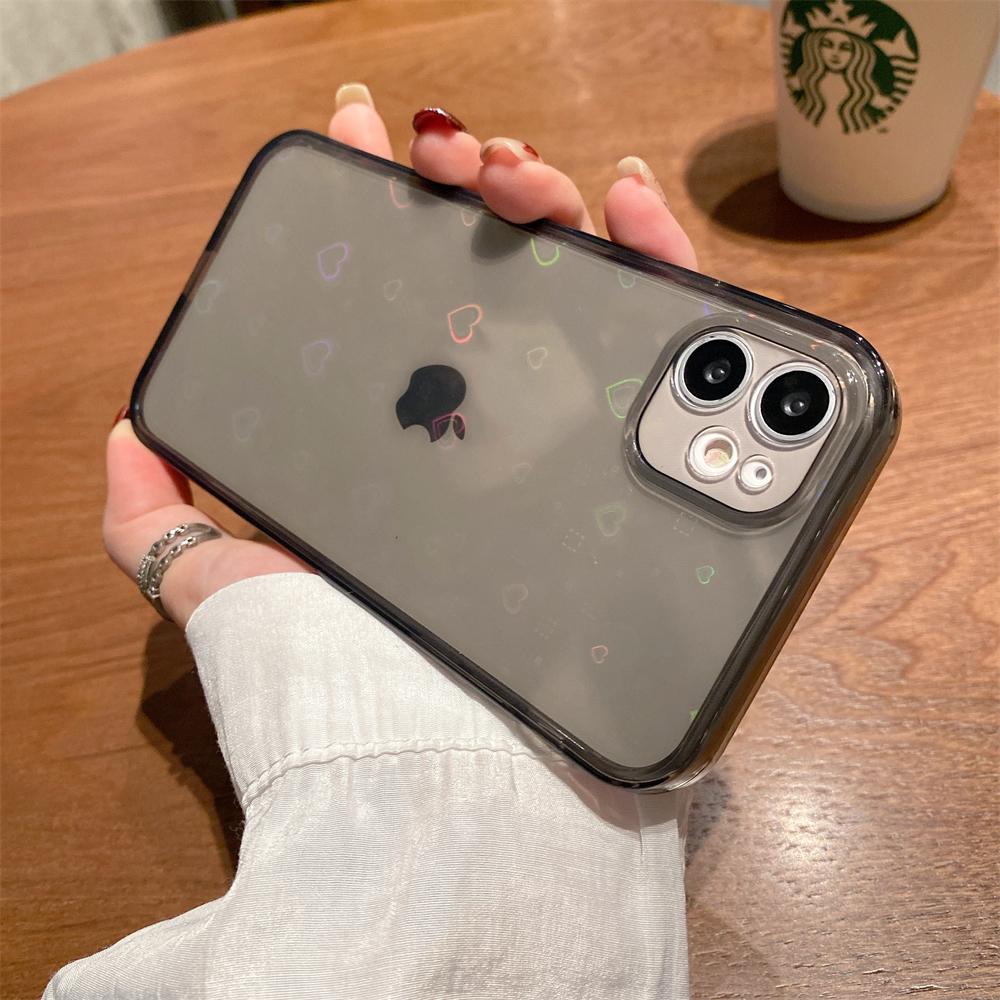 Fashion Gradient Laser Love Heart Leaf Pattern Case For iPhone 15 14 13 11 12 Pro Max X XS XR 7 8 Plus Clear Cover With Hearts