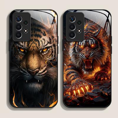 Gouden Zwarte Tijgerstreep Vlam Print Gehard Glas Telefoonhoesje voor Samsung Galaxy A56 A55 A54 A53 A52 A36 A14 A15 A16 A32 Cover