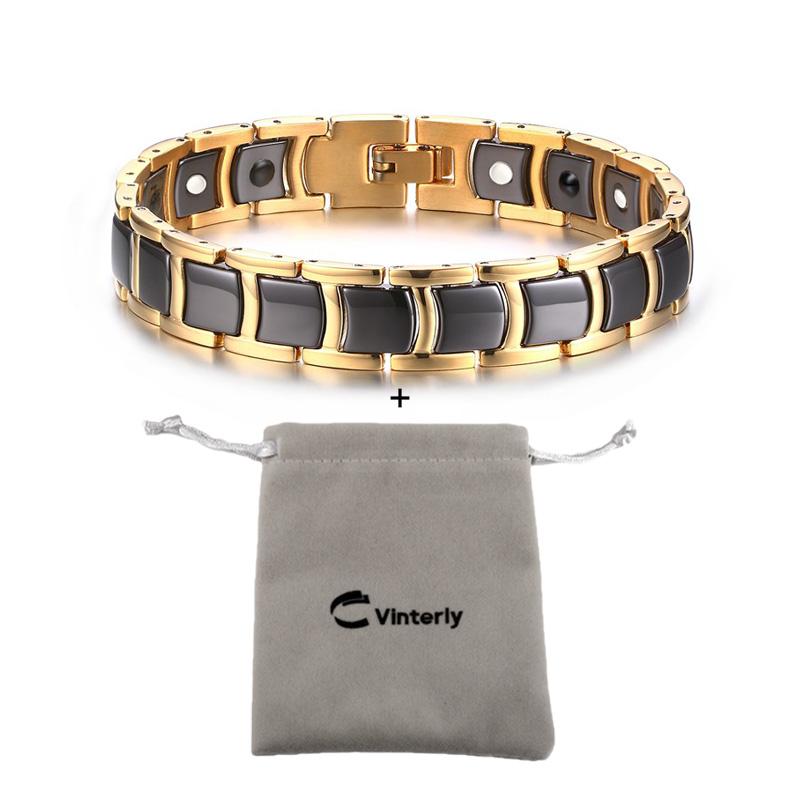 Vinterly Steel Magnetic Bracelet Male Black Ceramic Health Energy Germanium Men Hand Chain Link Gold-color Jewelry Waterproof
