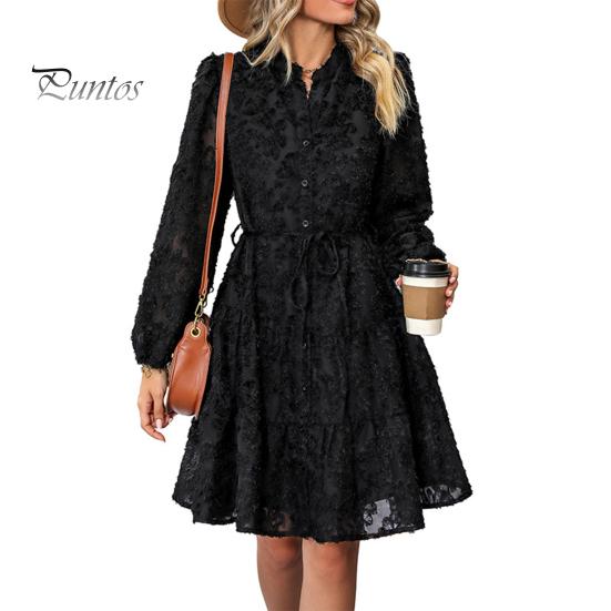 

Платье женское осень-весна с круглым вырезом, кружевной аппликацией, длинными рукавами, застежкой на пуговицы, шнуровкой на ремне, тонкой талией, А-силуэтом, большим подолом, платье миди для свиданий и вечеринок M чёрный